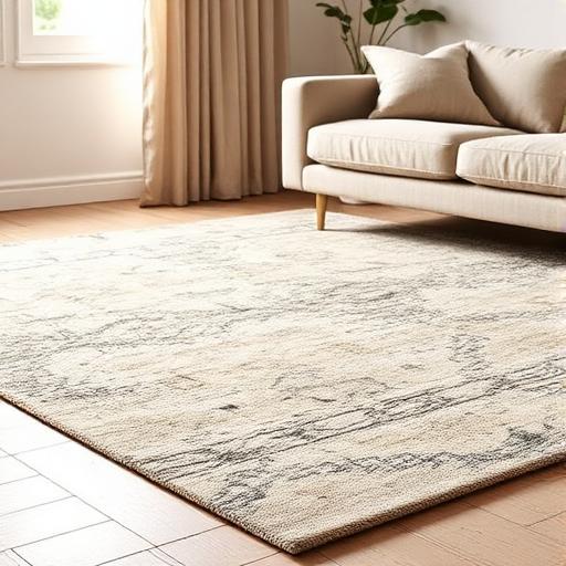Alfombra de lana en tonos beige y gris en un salón contemporáneo