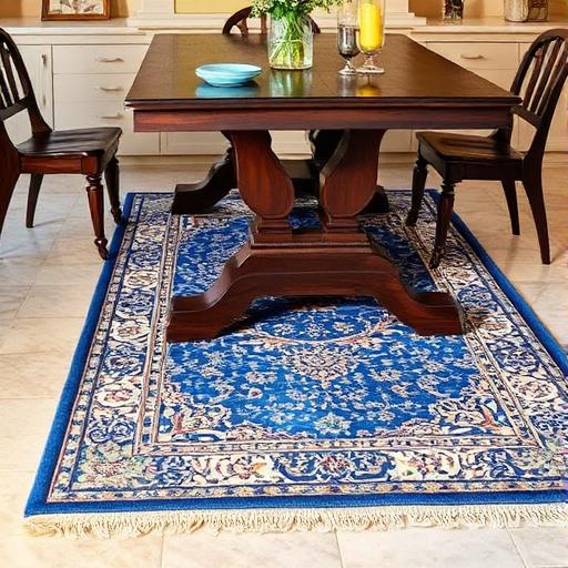 Alfombra oriental azul bajo una mesa de comedor de madera