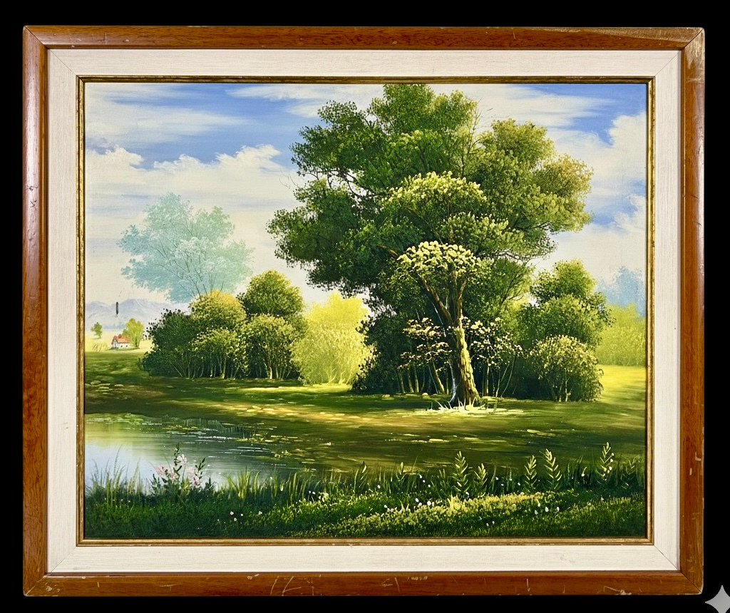 Paisaje con lago y árbol central en la galería