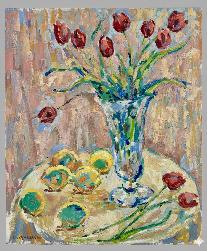 Tulipanes en jarrón con frutas · Foto 01