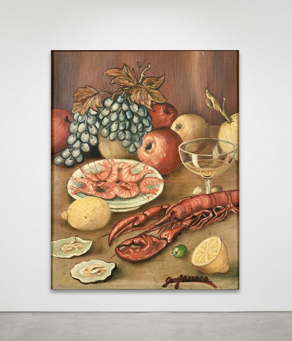 Bodegón con mariscos y frutas, fotografía general