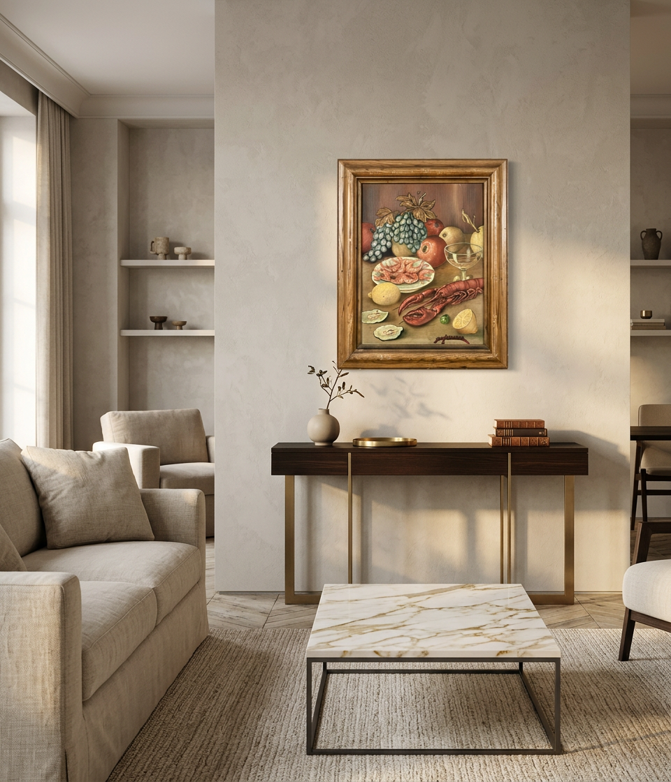 Bodegón con mariscos y frutas · En decoración