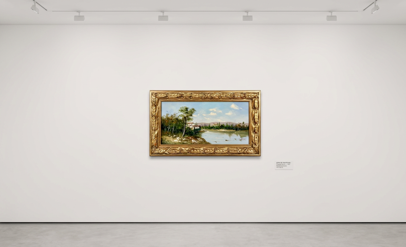 Paisaje con río y casas rurales · Expuesta en galería