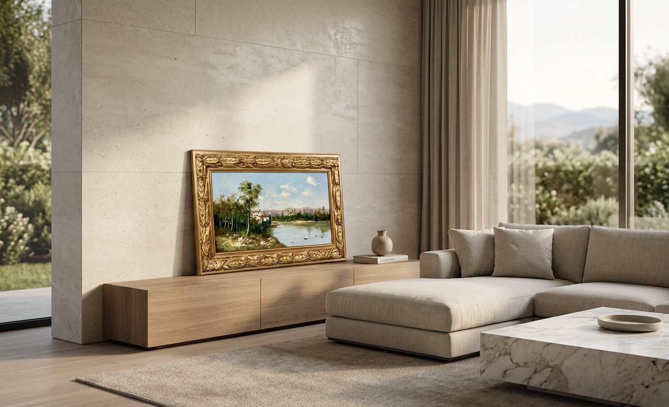 Paisaje con río y casas rurales, detalle de su artesanía