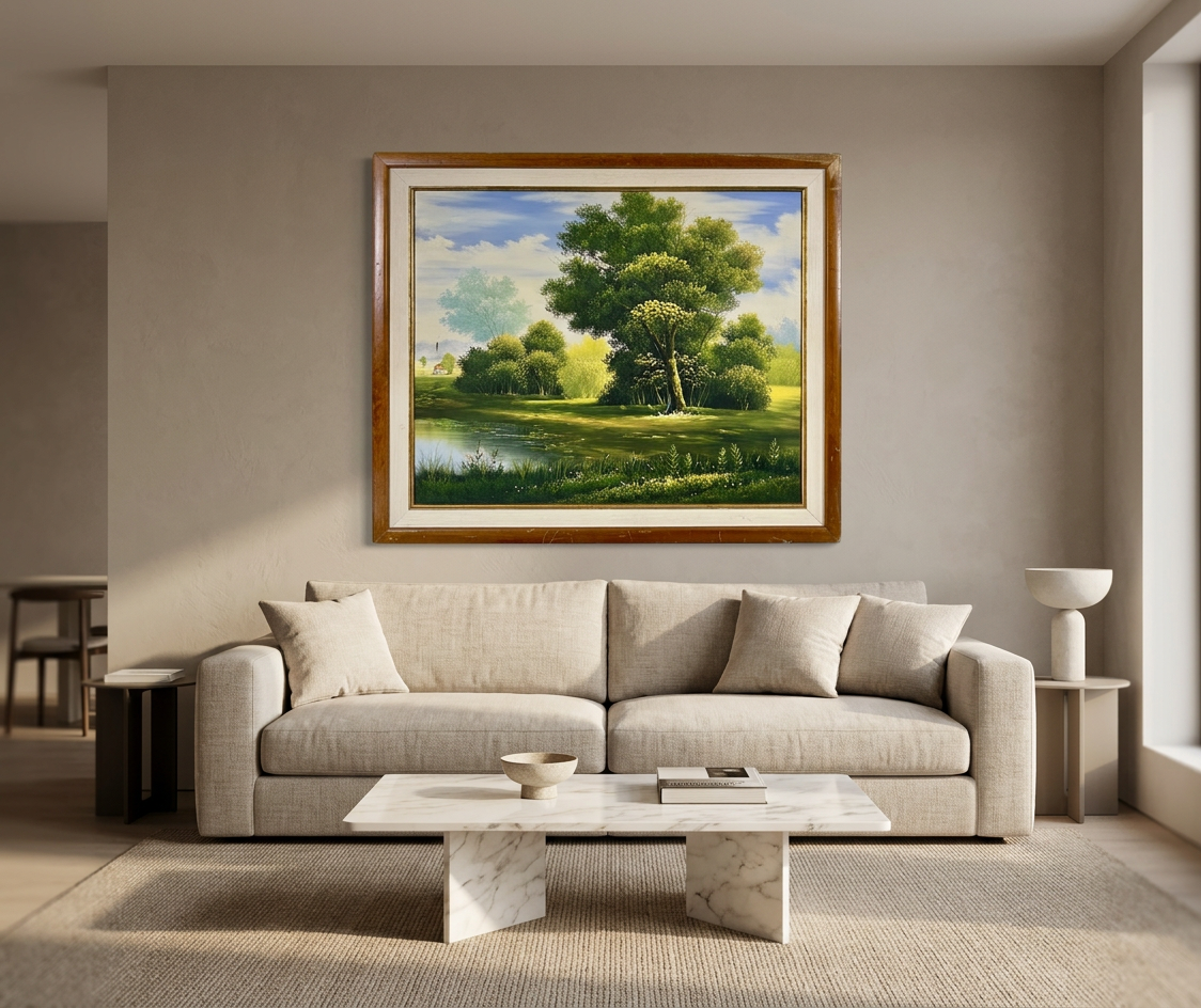 Paisaje con lago y árbol central, detalle de su artesanía