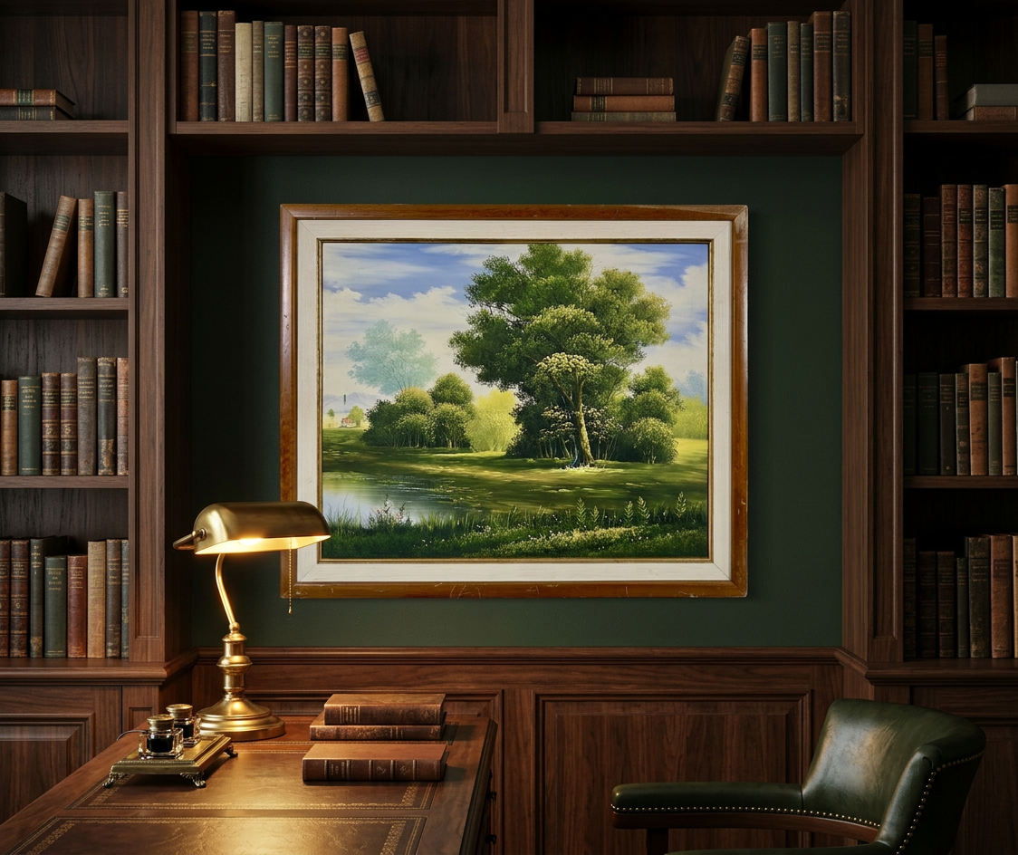 Paisaje con lago y árbol central, imagen de su historia y procedencia