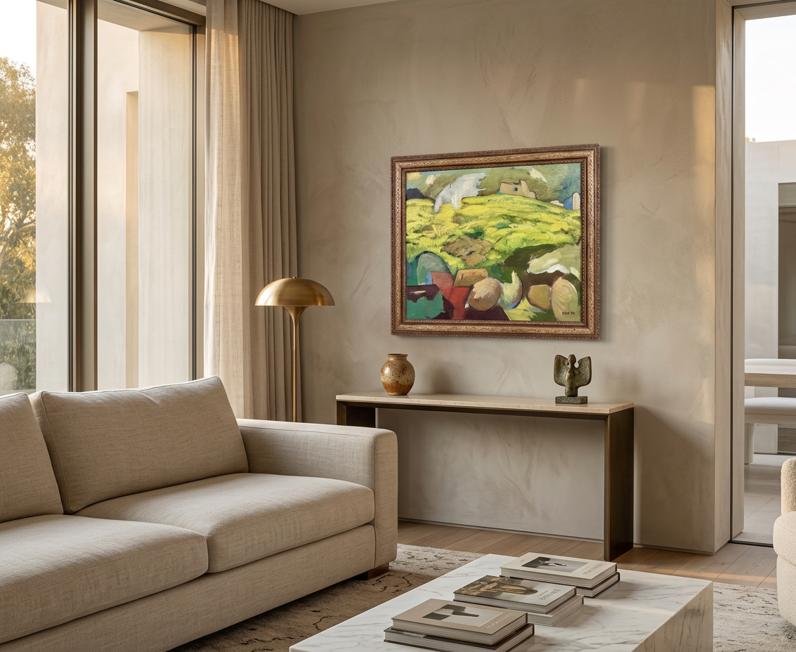 Paisaje con caserío y rocas, detalle de su artesanía