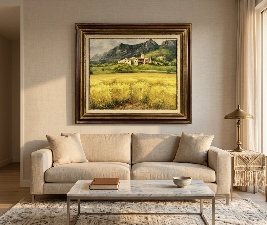 Paisaje de campo con caserío, detalle de su artesanía