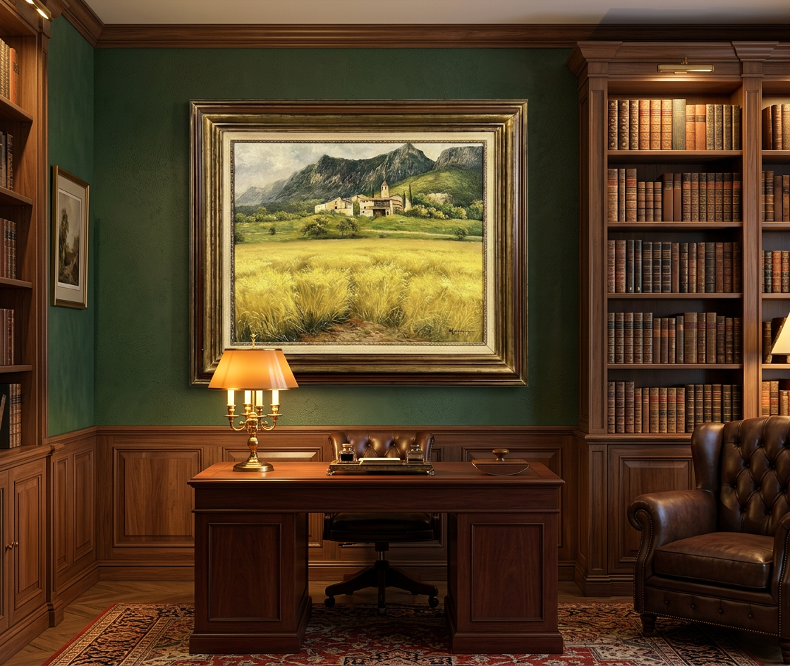 Paisaje de campo con caserío, imagen de su historia y procedencia