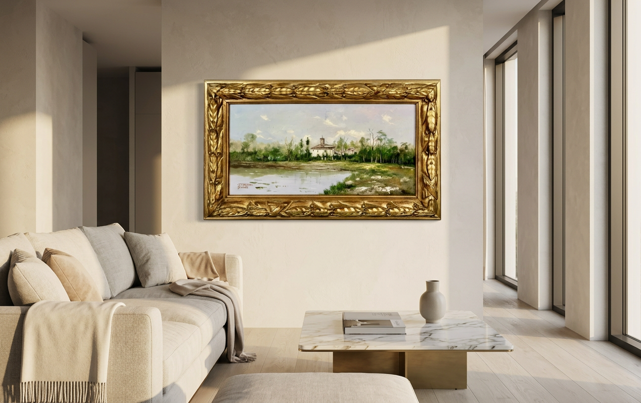 Paisaje con ermita y lago · En decoración