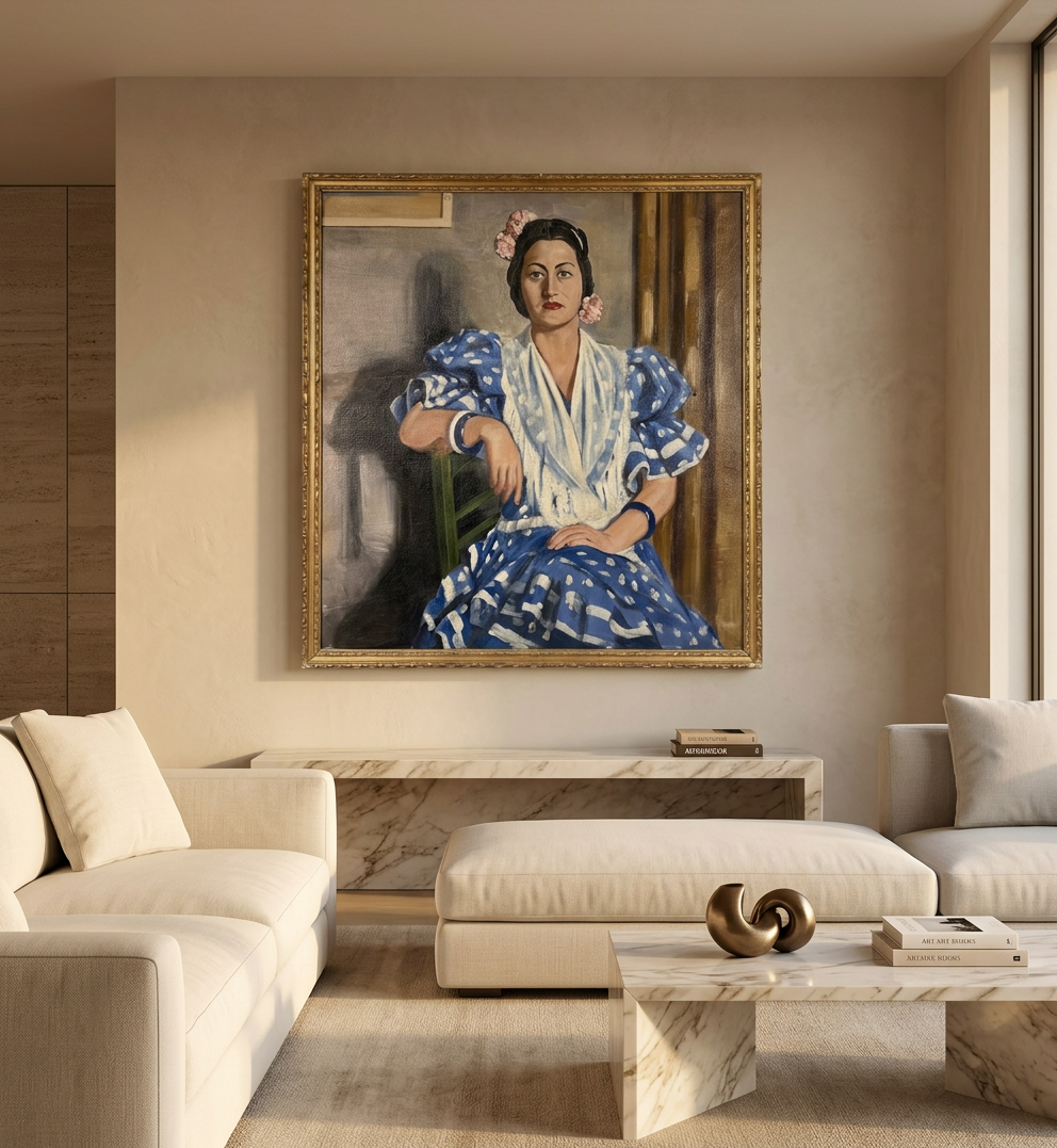 Mujer andaluza con vestido azul · En decoración