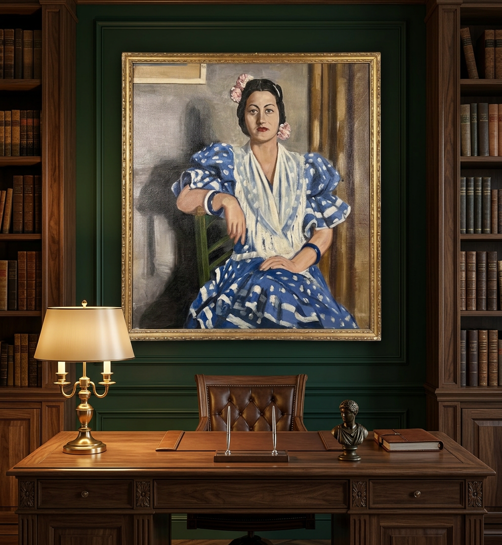 Mujer andaluza con vestido azul, imagen de su historia y procedencia