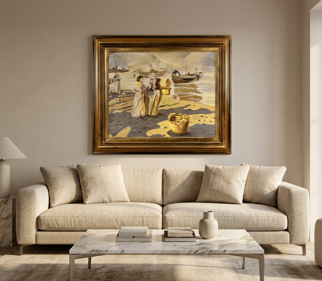 Pescadores y mujeres en playa · En decoración