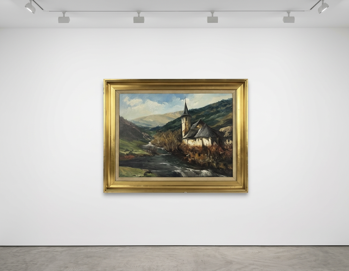 Paisaje de montaña con iglesia · Expuesta en galería