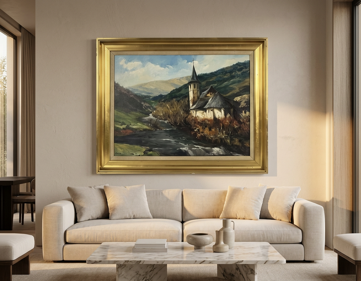 Paisaje de montaña con iglesia, detalle de su artesanía