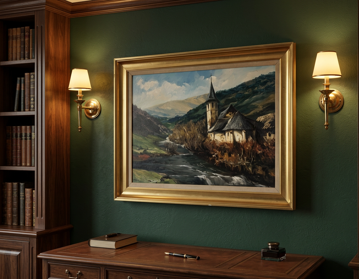 Paisaje de montaña con iglesia · En otra decoración