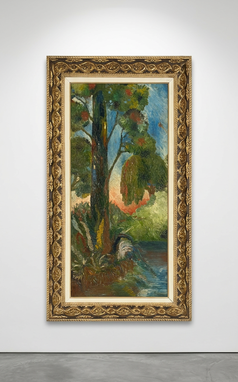 Paisaje con árbol y río · Expuesta en galería