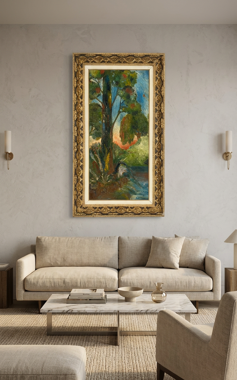 Paisaje con árbol y río · En decoración