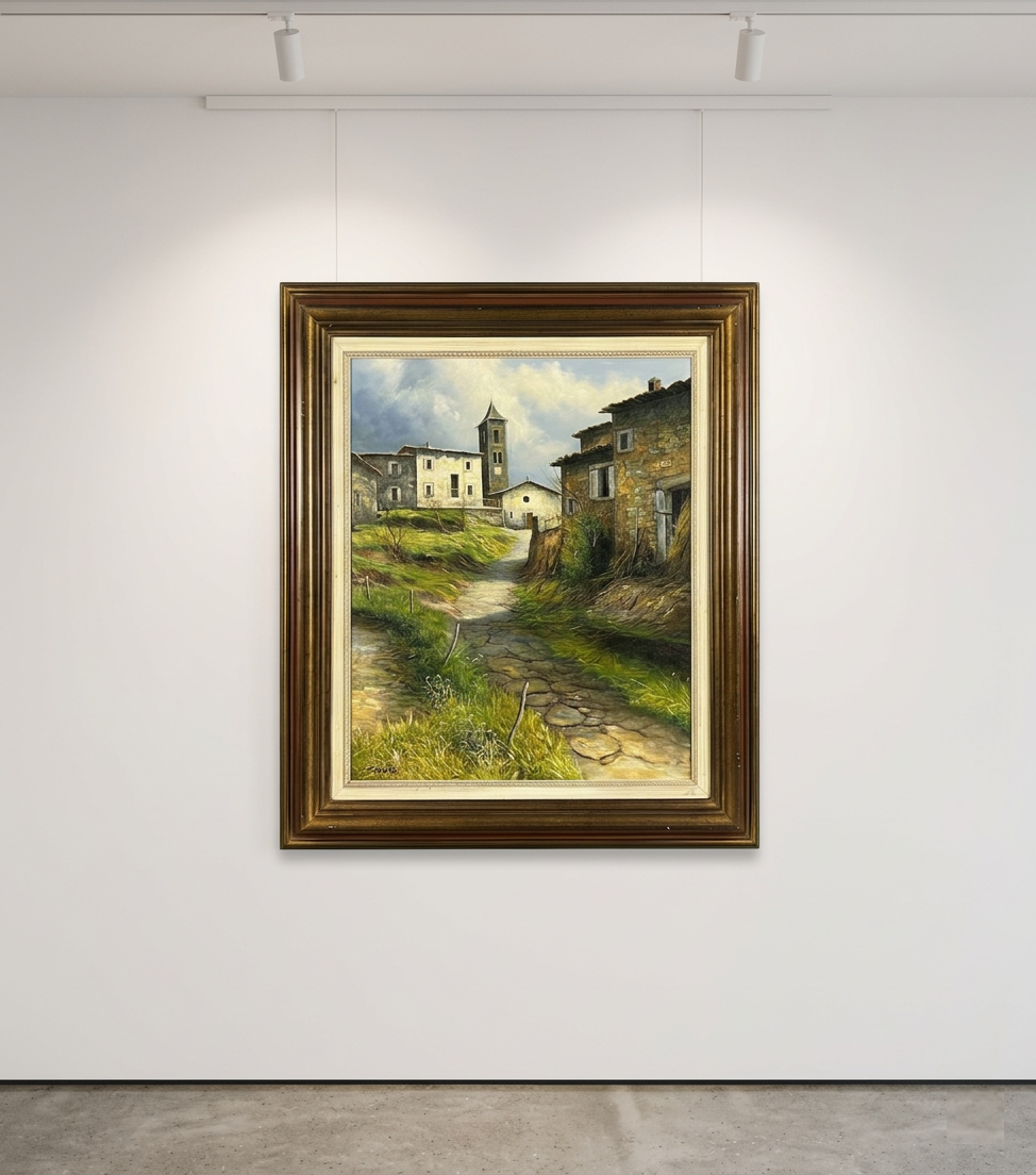 Camino del pueblo con torre · Expuesta en galería