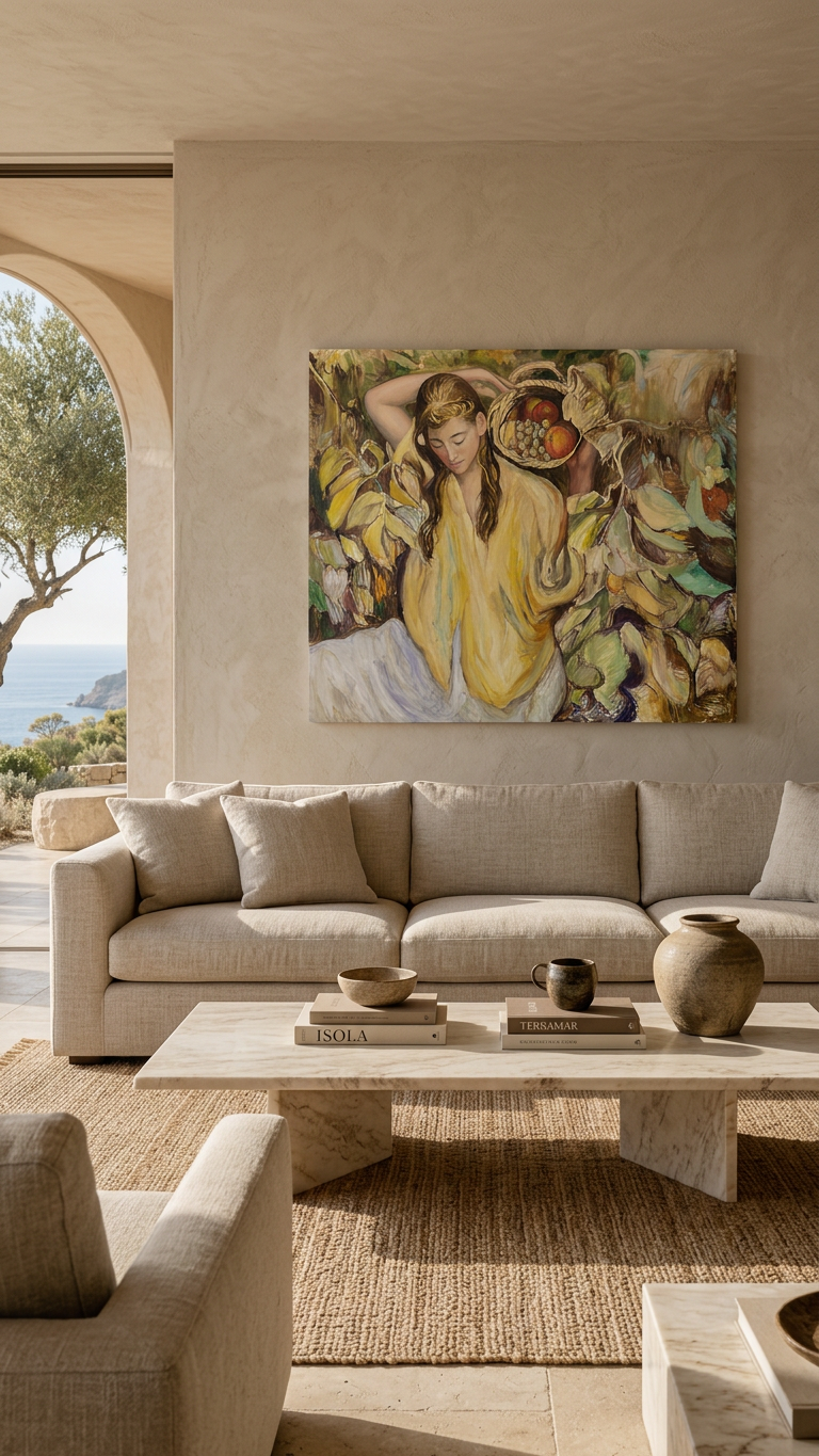 Joven con cesta de frutas · En decoración