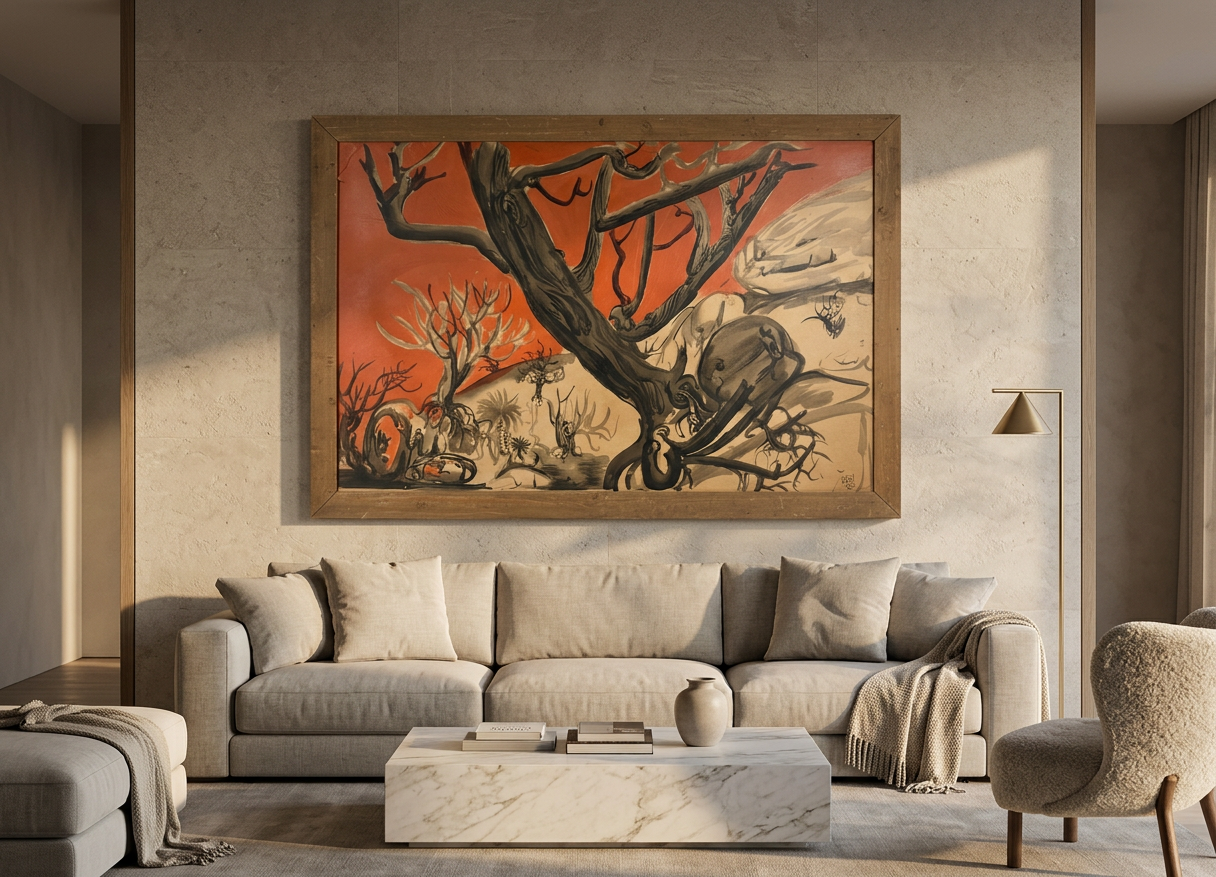 Paisaje abstracto (árbol rojo), detalle de su artesanía