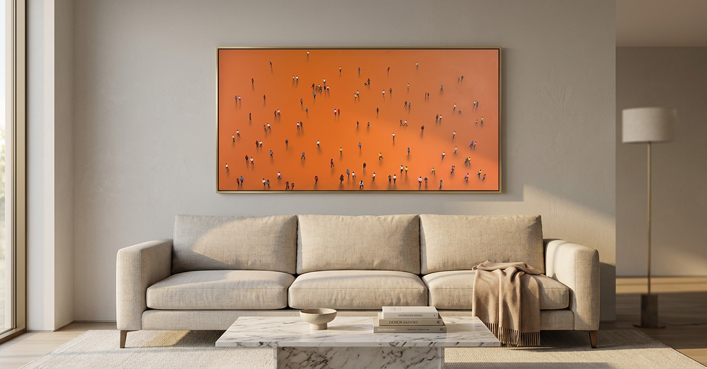 Multitud en espacio naranja · En decoración