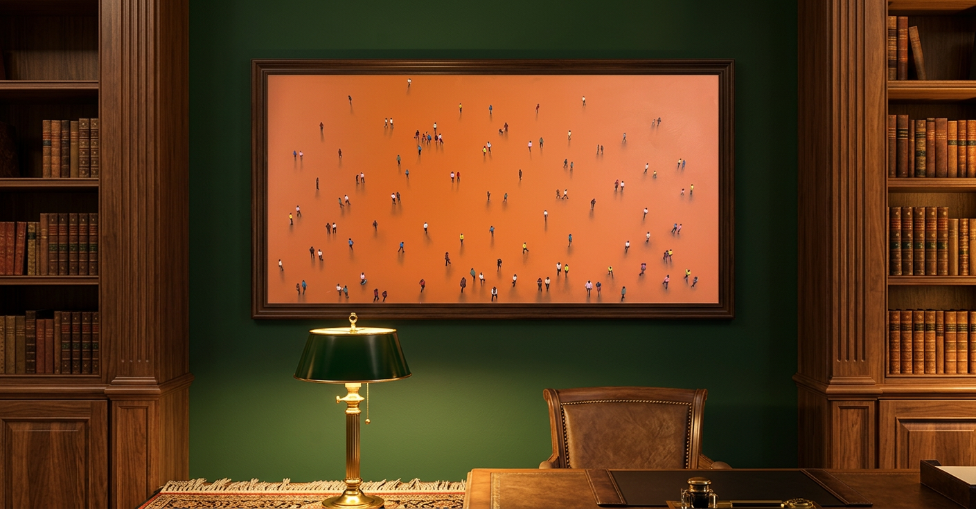 Multitud en espacio naranja · En otra decoración