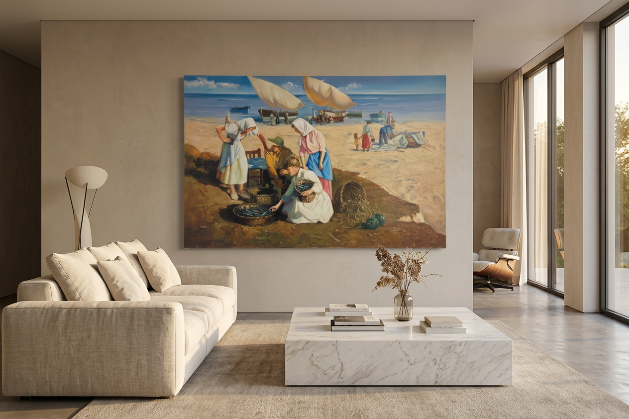 Pescadores y mujeres clasificando pescado · En decoración