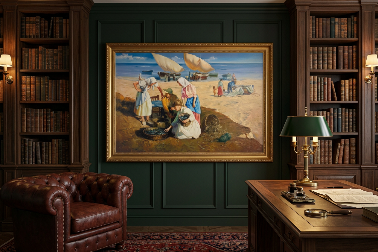 Pescadores y mujeres clasificando pescado · En otra decoración