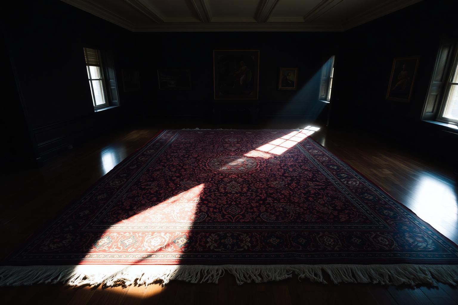 Alfombra antigua en sala oscura atravesada por un haz de luz solar directa