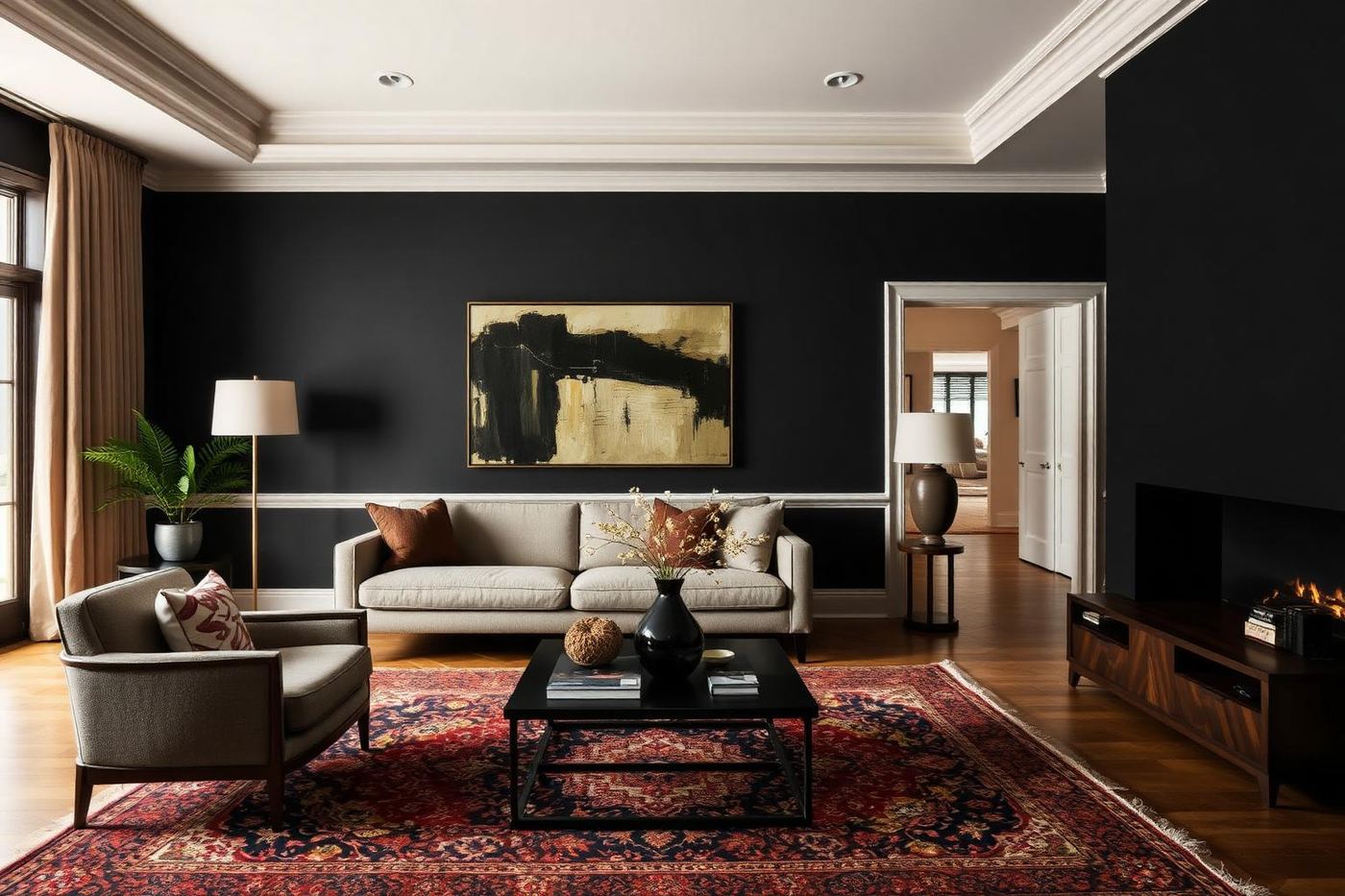 Salón oscuro con pintura contemporánea sobre una alfombra persa antigua