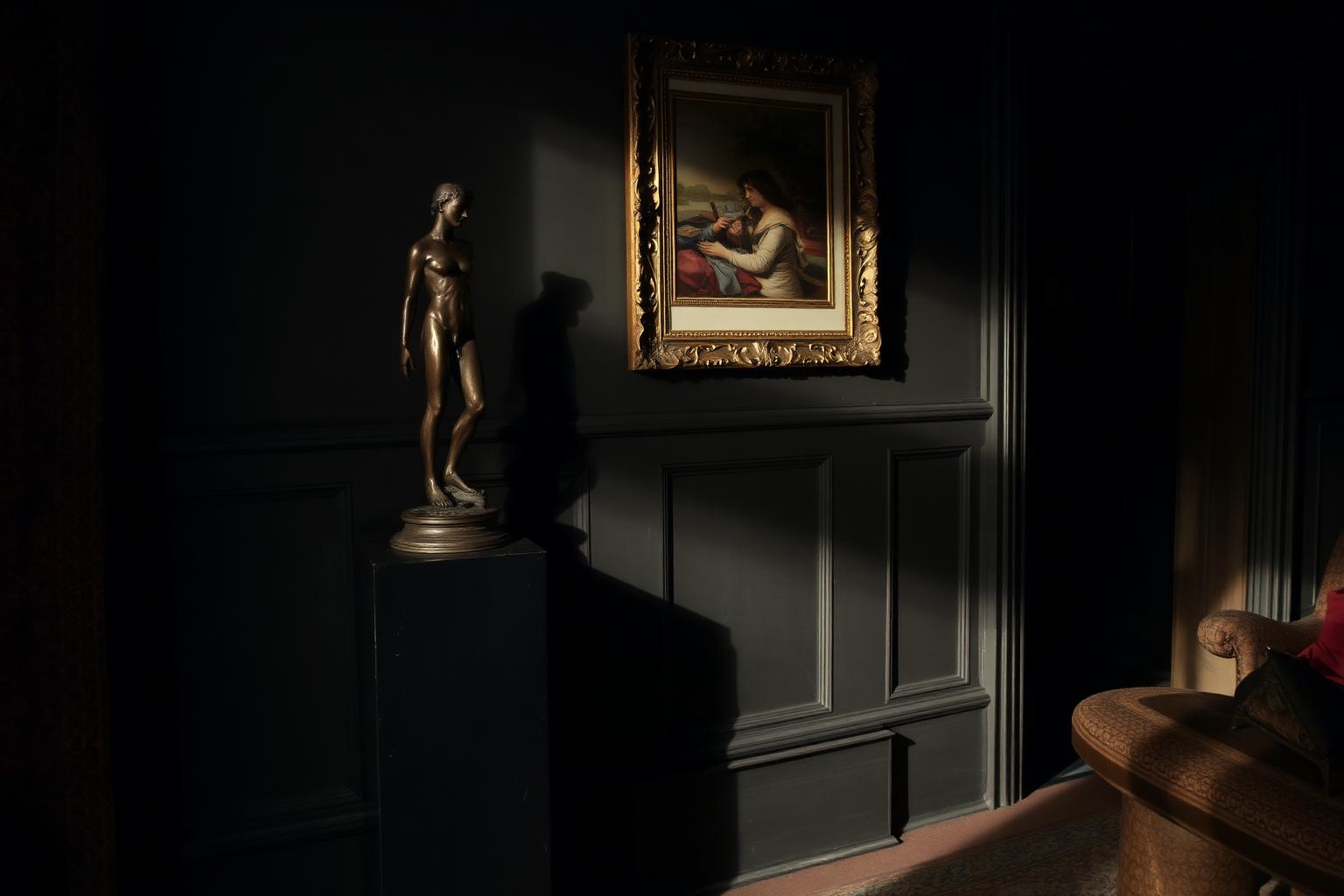 Escultura de bronce sobre peana junto a un cuadro enmarcado en una sala en penumbra