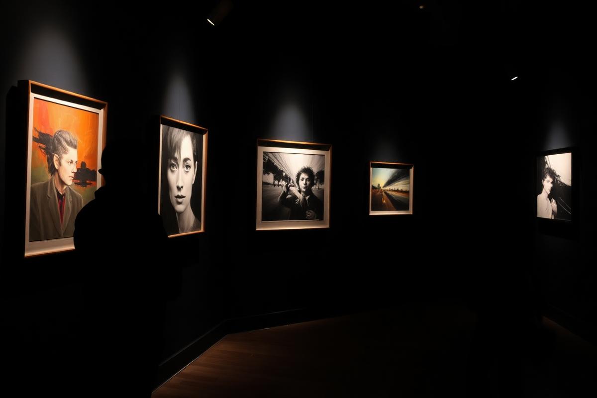 Pared de galería oscura con cuadros iluminados