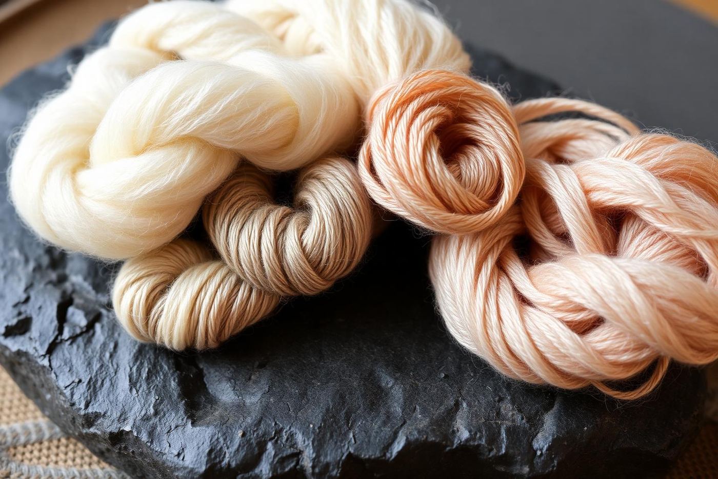 Madejas de lana natural y seda sobre piedra oscura