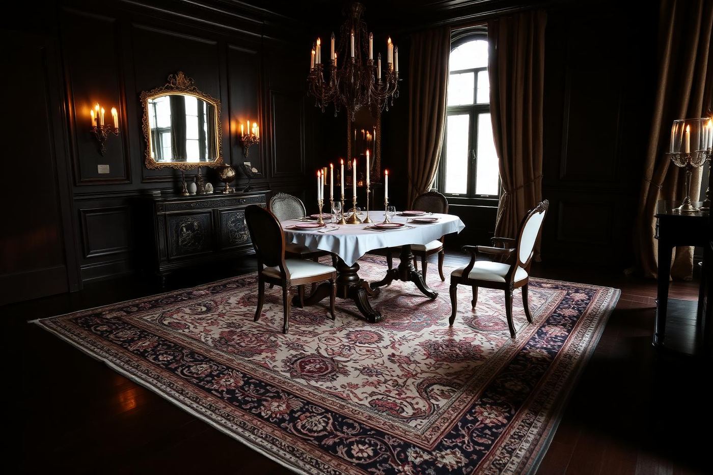 Comedor con alfombra que sobresale ampliamente bajo la mesa y las sillas